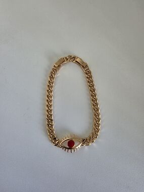 Rose Gold Plated Evil Eye Chain Bracelet Red Enamel 7" Cuban Link